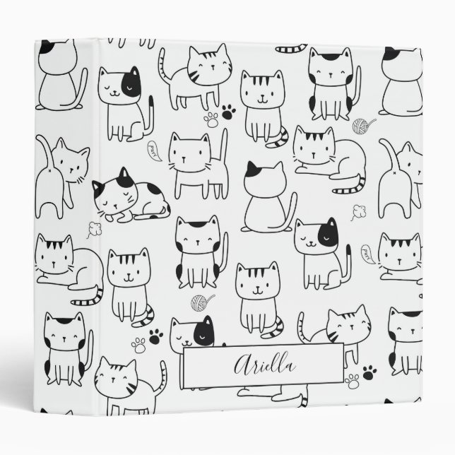 Cute Doodle Cats Pattern Custom Name 3 Ring Binder (Front/Spine)