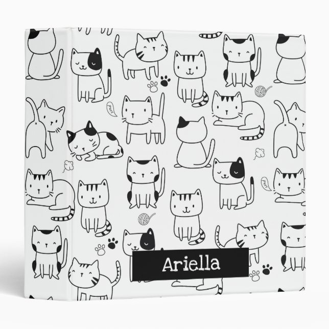 Cute Doodle Cats Pattern Personalized 3 Ring Binder (Front/Spine)