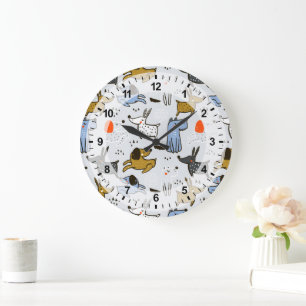 Cute Doodle Dog Pattern Large Clock