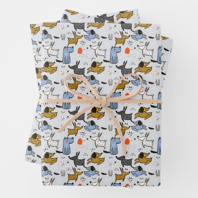 Cute Doodle Dog Pattern Wrapping Paper Sheets (In situ)
