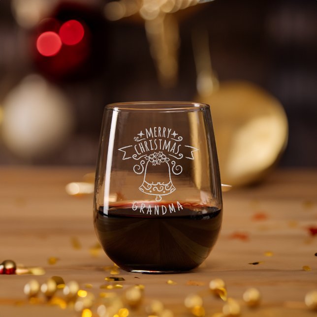 Cute Doodle Etched Merry Christmas Bell Stemless Wine Glass (Creator Uploaded)