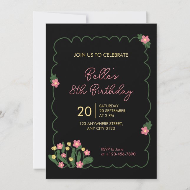 Cute Doodle Flower Frame Kids Birthday Invitation (Front)