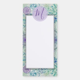 Cute Doodle Flowers On A Rustic Wood Monogram Magnetic Notepad