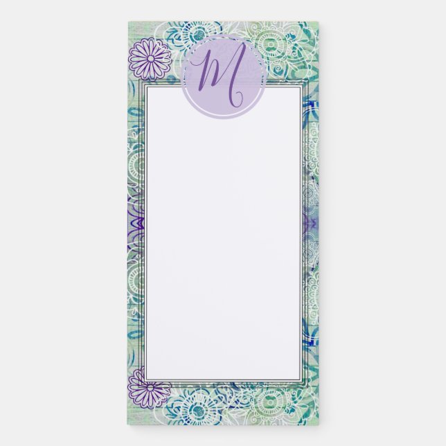 Cute Doodle Flowers On A Rustic Wood Monogram Magnetic Notepad (Front)
