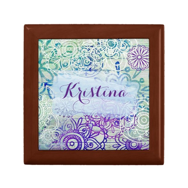 Cute Doodle Flowers On A Rustic Wood Personalized Gift Box (Front)