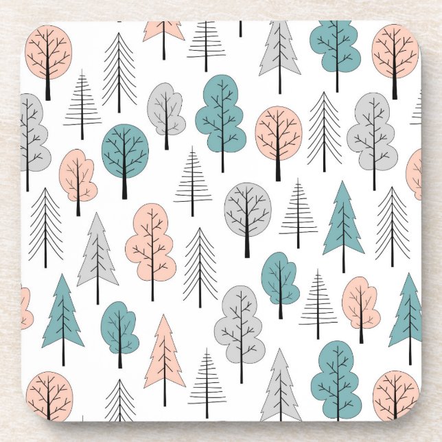 Cute Doodle Forest Pattern Beverage Coaster (Front)