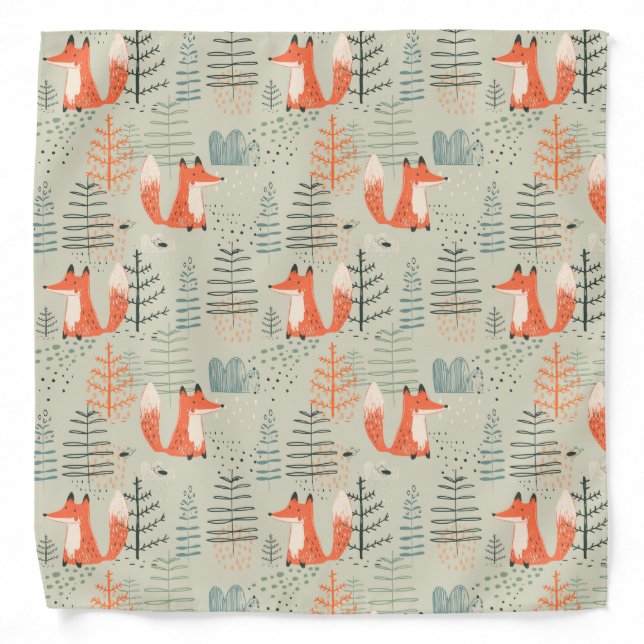 Cute Doodle Fox Forest Woodland Pattern Bandana (Front)