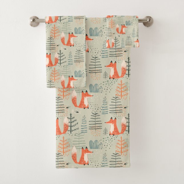 Cute Doodle Fox Forest Woodland Pattern Bath Towel Set (Insitu)
