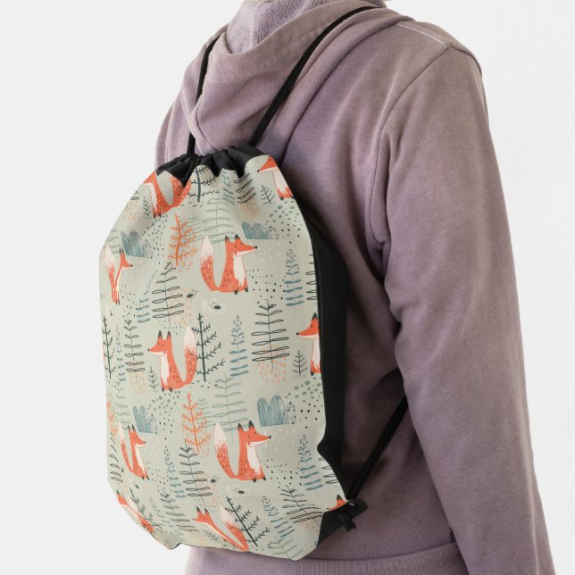 Cute Doodle Fox Forest Woodland Pattern Drawstring Bag (Insitu)