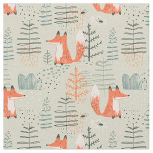 Cute Doodle Fox Forest Woodland Pattern Fabric
