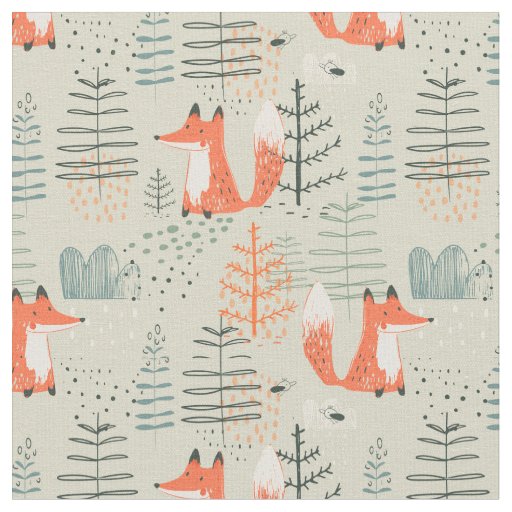 Cute Doodle Fox Forest Woodland Pattern Fabric