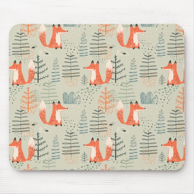 Cute Doodle Fox Forest Woodland Pattern Mouse Pad (Front)