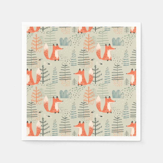 Cute Doodle Fox Forest Woodland Pattern Napkins (Front)