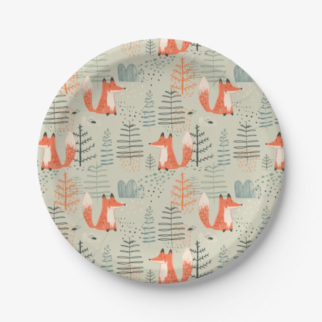 Cute Doodle Fox Forest Woodland Pattern Paper Plates (Front)