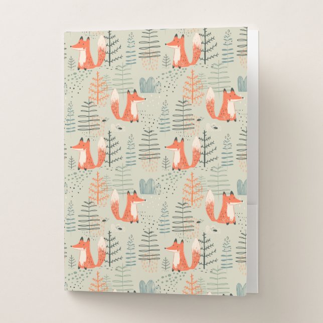 Cute Doodle Fox Forest Woodland Pattern Pocket Folder (Front)