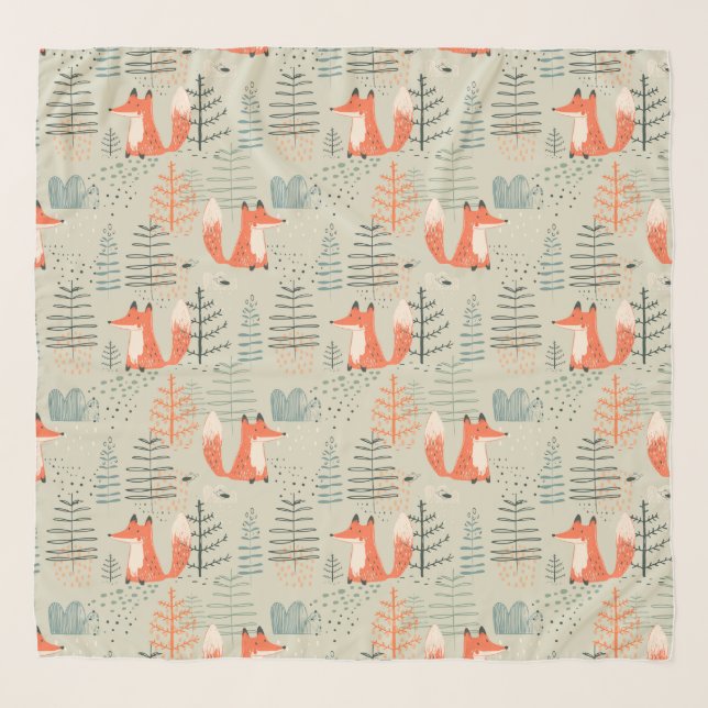 Cute Doodle Fox Forest Woodland Pattern Scarf (Front)