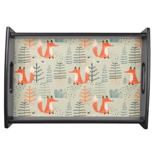 Cute Doodle Fox Forest Woodland Pattern Serving Tray