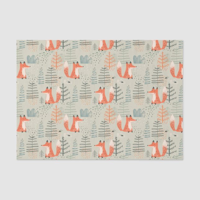 Cute Doodle Fox Forest Woodland Pattern Tissue Paper (Front)