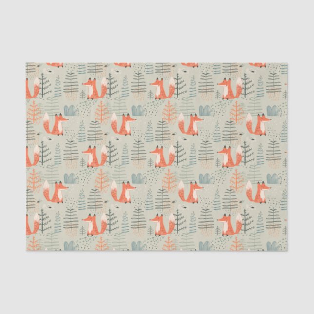 Cute Doodle Fox Forest Woodland Pattern Tissue Paper (Front)