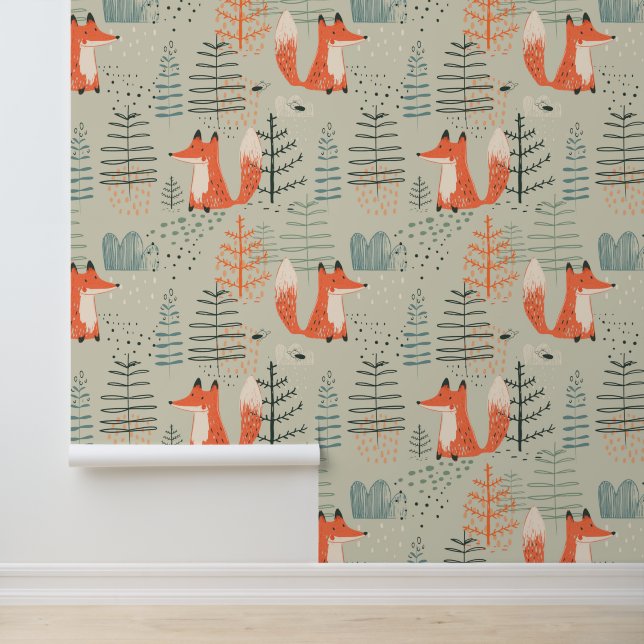 Cute Doodle Fox Forest Woodland Pattern Wallpaper (Application)