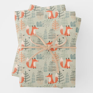 Cute Doodle Fox Forest Woodland Pattern Wrapping Paper Sheets