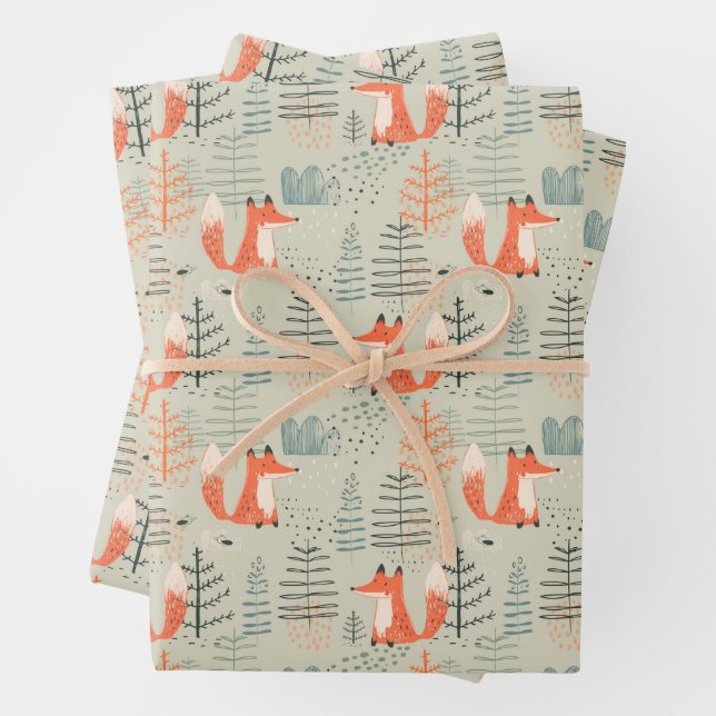 Cute Doodle Fox Forest Woodland Pattern Wrapping Paper Sheets (In situ)