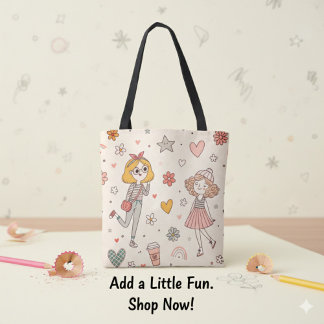 Cute Doodle Girls Full-Print Tote Bag