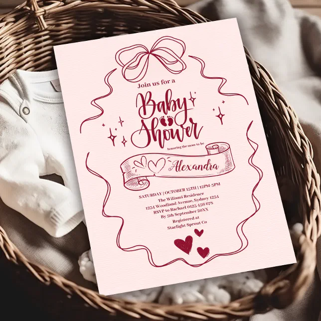 Cute Doodle Hand Drawn Bow Baby Shower Invitation | Zazzle