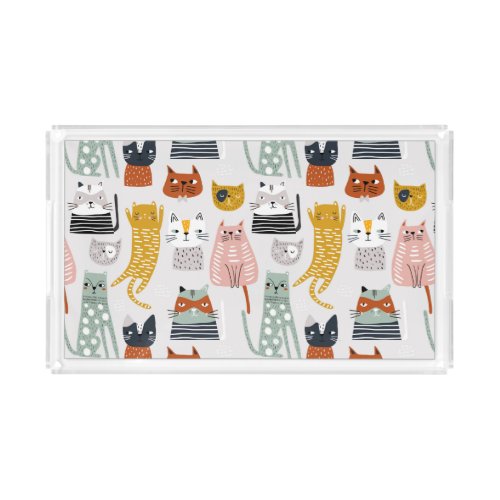 Cute Doodle Hand Drawn Cat Pattern Acrylic Tray