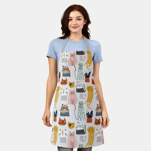Cute Doodle Hand Drawn Cat Pattern Apron (Worn)