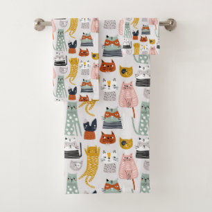 Cute Doodle Hand Drawn Cat Pattern Bath Towel Set