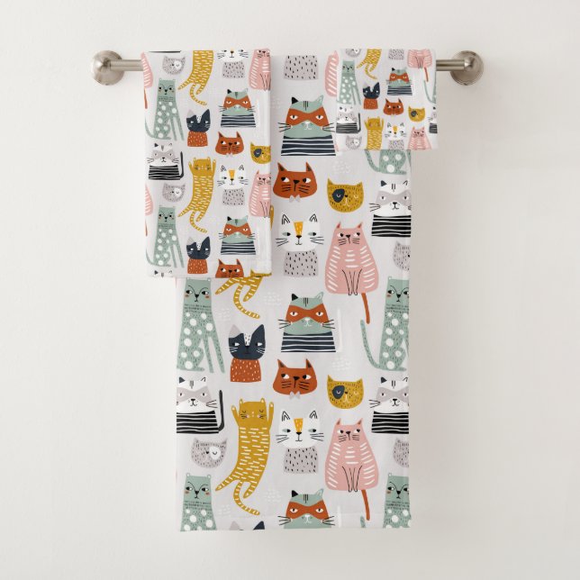 Cute Doodle Hand Drawn Cat Pattern Bath Towel Set (Insitu)