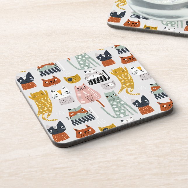 Cute Doodle Hand Drawn Cat Pattern Beverage Coaster (Left Side)