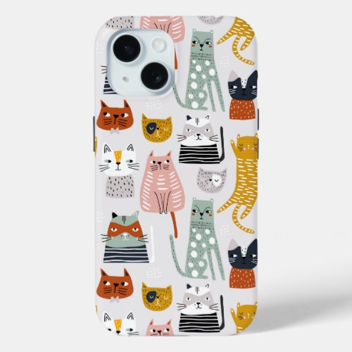 Cute Doodle Hand Drawn Cat Pattern iPhone 15 Case