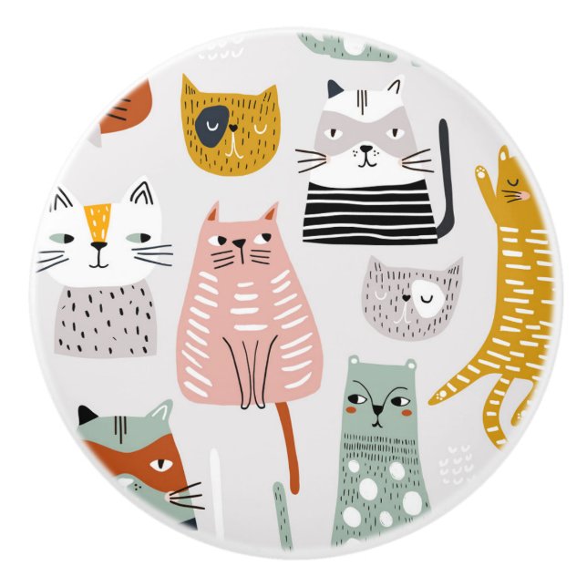 Cute Doodle Hand Drawn Cat Pattern Ceramic Knob (Front)