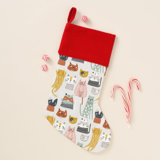 Cute Doodle Hand Drawn Cat Pattern Christmas Stocking (Front)