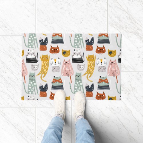 Cute Doodle Hand Drawn Cat Pattern Doormat