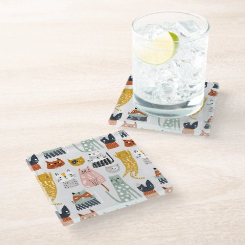 Cute Doodle Hand Drawn Cat Pattern Glass Coaster