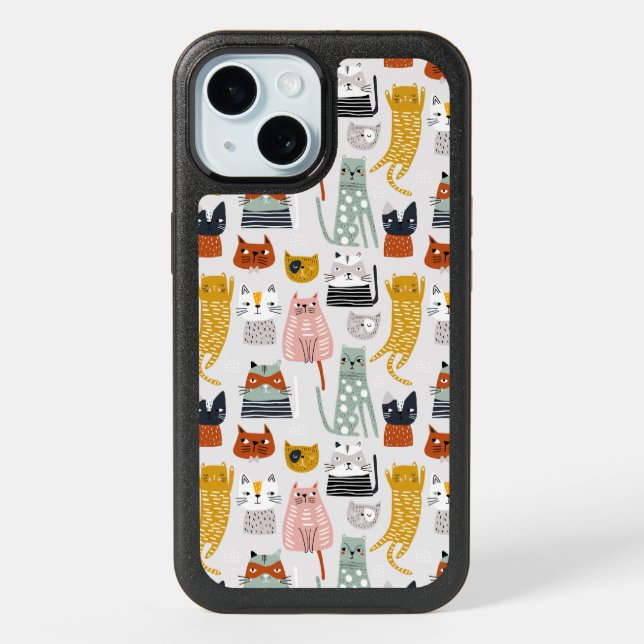 Cute Doodle Hand Drawn Cat Pattern iPhone 15 Case (Back)