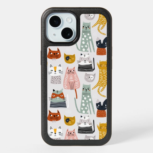 Cute Doodle Hand Drawn Cat Pattern iPhone 15 Case (Back)