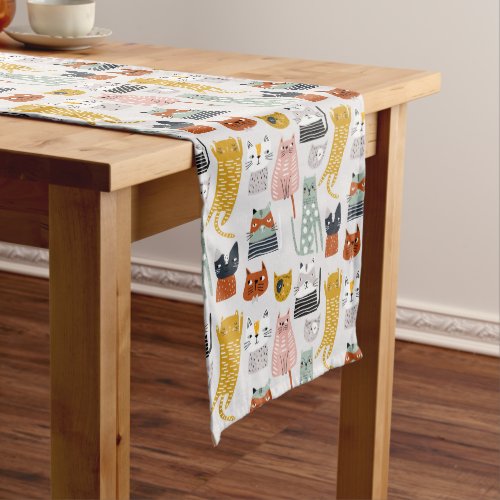 Cute Doodle Hand Drawn Cat Pattern Medium Table Runner