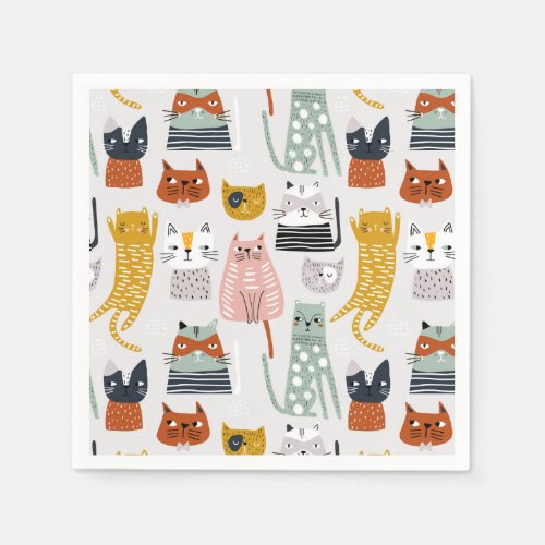 Cute Doodle Hand Drawn Cat Pattern Napkins