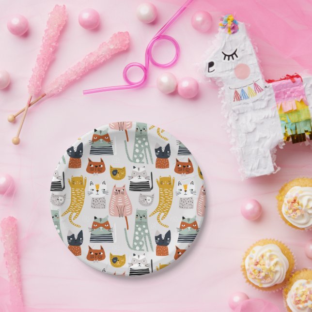 Cute Doodle Hand Drawn Cat Pattern Paper Plates (Party)