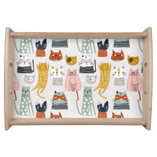 Cute Doodle Hand Drawn Cat Pattern Serving Tray