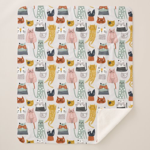 Cute Doodle Hand Drawn Cat Pattern Sherpa Blanket