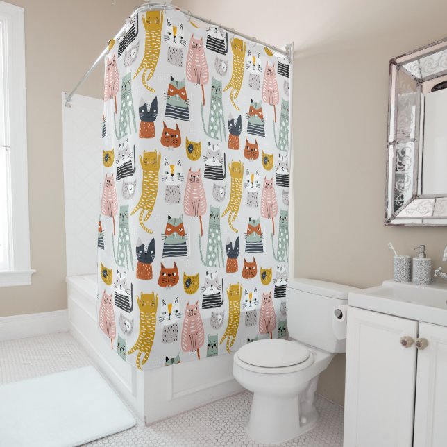 Cute Doodle Hand Drawn Cat Pattern Shower Curtain (In Situ)