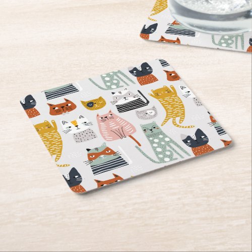 Cute Doodle Hand Drawn Cat Pattern Square Paper Coaster