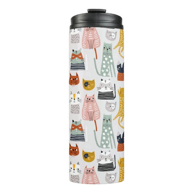 Cute Doodle Hand Drawn Cat Pattern Thermal Tumbler (Front)