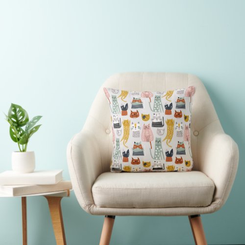 Cute Doodle Hand Drawn Cat Pattern Throw Pillow