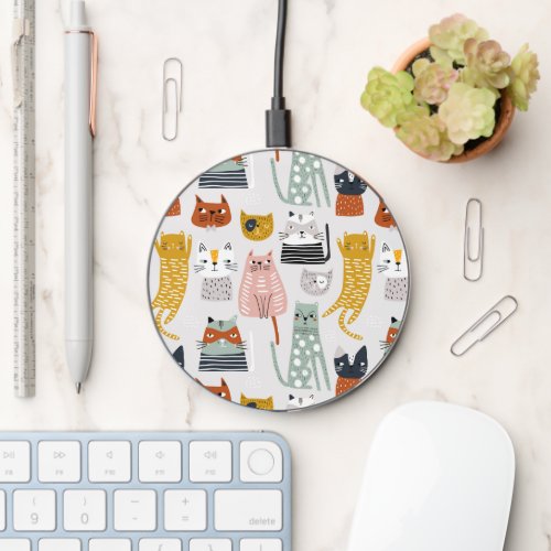 Cute Doodle Hand Drawn Cat Pattern Wireless Charger